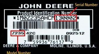 John Deere tag with the product identification number.